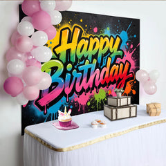 Lofaris Colorful Graffiti Happy Birthday Backdrop with Paint Splatter, Vibrant Party Background for Celebration Photo Booth