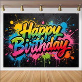 Lofaris Colorful Graffiti Happy Birthday Backdrop with Paint Splatter, Vibrant Party Background for Celebration Photo Booth