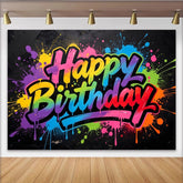 Lofaris Vibrant Graffiti Happy Birthday Backdrop with Colorful Paint Splatters, Modern Street Art Background for Party Decor and Photoshoot