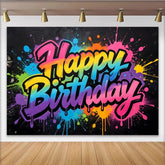 Lofaris Graffiti Rainbow Happy Birthday Backdrop with Colorful Paint Splatters, Vibrant Party Background for Photo Booth Decor