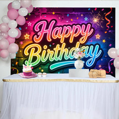 Lofaris Vibrant Neon Happy Birthday Photography Backdrop, Colorful Brick Wall Background for Party Decor and Photoshoot