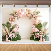 Lofaris Pink and Gold Balloon Arch Flamingo Tropical Birthday Backdrop, Lush Greenery and Roses Party Background for Girls Photoshoot