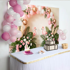 Lofaris Pink Flamingo Birthday Backdrop with Tropical Leaves and Balloons, Elegant Floral Party Background for Summer Celebration Photoshoot