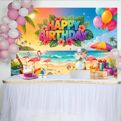 Lofaris Vibrant Tropical Flamingo Birthday Backdrop with Palm Trees, Colorful Beach Party Background for Summer Photoshoot