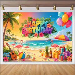 Lofaris Vibrant Tropical Flamingo Birthday Backdrop with Palm Trees, Colorful Beach Party Background for Summer Photoshoot