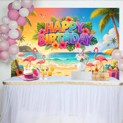 Lofaris Vibrant Tropical Flamingo Happy Birthday Backdrop with Palm Trees and Beach Scene, Summer Party Decor Background for Photoshoot