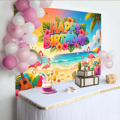 Lofaris Vibrant Tropical Flamingo Happy Birthday Backdrop with Palm Trees and Beach Scene, Summer Party Decor Background for Photoshoot