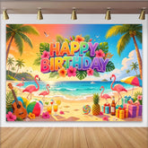 Lofaris Vibrant Tropical Flamingo Happy Birthday Backdrop with Palm Trees and Beach Scene, Summer Party Decor Background for Photoshoot