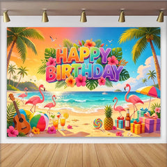Lofaris Vibrant Tropical Flamingo Happy Birthday Backdrop with Palm Trees and Beach Scene, Summer Party Decor Background for Photoshoot