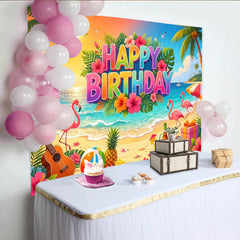 Lofaris Colorful Tropical Beach Birthday Backdrop with Flamingos and Palm Trees, Vibrant Party Photography Background for Celebration