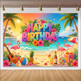 Lofaris Colorful Tropical Beach Birthday Backdrop with Flamingos and Palm Trees, Vibrant Party Photography Background for Celebration