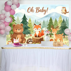 Lofaris Oh Baby Woodland Animal Baby Shower Backdrop with Forest Trees and Mountains, Cute Safari Theme Photography Background for Party Decor