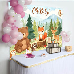 Lofaris Oh Baby Woodland Animal Baby Shower Backdrop with Forest Trees and Mountains, Cute Safari Theme Photography Background for Party Decor