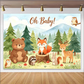 Lofaris Oh Baby Woodland Animal Baby Shower Backdrop with Forest Trees and Mountains, Cute Safari Theme Photography Background for Party Decor