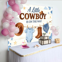 Lofaris Little Cowboy Is On The Way Baby Shower Backdrop with Boots and Hat, Rustic Wood Background for Gender Reveal Party Decoration