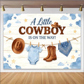 Lofaris Little Cowboy Is On The Way Baby Shower Backdrop with Boots and Hat, Rustic Wood Background for Gender Reveal Party Decoration