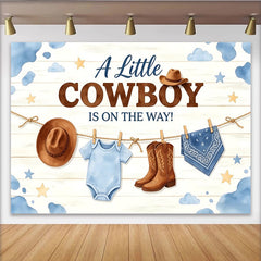 Lofaris Little Cowboy Is On The Way Baby Shower Backdrop with Boots and Hat, Rustic Wood Background for Gender Reveal Party Decoration