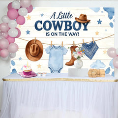 Lofaris A Little Cowboy Is On The Way Baby Shower Backdrop with Blue Cow Print and Western Decor, Rustic Wood Background for Boy Party