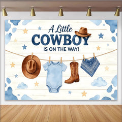 Lofaris A Little Cowboy Is On The Way Baby Shower Backdrop with Blue Cow Print and Western Decor, Rustic Wood Background for Boy Party