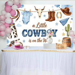Lofaris Blue Watercolor Cowboy Baby Shower Backdrop with Boots and Hat, Western Themed Photography Background for Little Boy Welcome Party