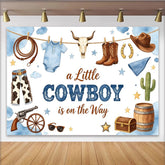 Lofaris Blue Watercolor Cowboy Baby Shower Backdrop with Boots and Hat, Western Themed Photography Background for Little Boy Welcome Party
