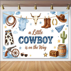 Lofaris Blue Watercolor Cowboy Baby Shower Backdrop with Boots and Hat, Western Themed Photography Background for Little Boy Welcome Party