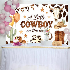 Lofaris A Little Cowboy on the Way Baby Shower Backdrop with Cow Print, Balloons and Cactus, Western Background for Boy Party