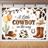 Lofaris A Little Cowboy on the Way Baby Shower Backdrop with Cow Print, Balloons and Cactus, Western Background for Boy Party