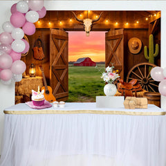 Lofaris Rustic Western Barn Photography Backdrop with Open Doors, Sunset Red Barn Field, and Cowboy Props, Studio Background for Photoshoot