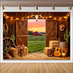 Lofaris Rustic Western Photography Backdrop with Barn Door and Sunset View, Cowboy Farm Studio Background for Photoshoot