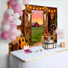 Lofaris Rustic Western Barn Photography Backdrop with Open Doors, Scenic Sunset Red Barn Background for Studio Photoshoot
