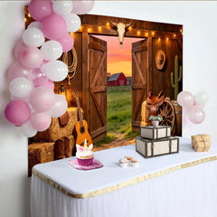 Lofaris Western Barn Photography Backdrop, Open Doors and Sunset View, Farmhouse Background for Cowboy Theme Party or Studio Photos