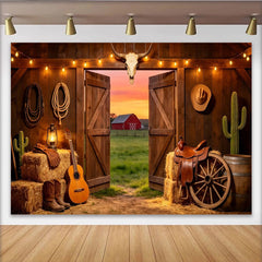 Lofaris Western Barn Photography Backdrop, Open Doors and Sunset View, Farmhouse Background for Cowboy Theme Party or Studio Photos