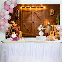 Lofaris Rustic Western Photography Backdrop with Barn Door and String Lights, Cowboy Ranch Theme Background for Studio Photoshoot