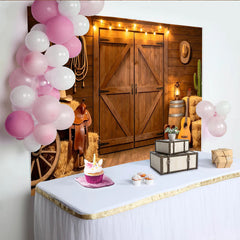 Lofaris Rustic Western Photography Backdrop with Barn Door and String Lights, Cowboy Ranch Theme Background for Studio Photoshoot