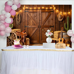 Lofaris Rustic Western Barn Door Photography Backdrop, Country Farm Photo Booth Background with String Lights for Studio