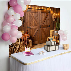 Lofaris Rustic Western Barn Door Photography Backdrop, Country Farm Photo Booth Background with String Lights for Studio