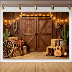 Lofaris Rustic Western Barn Door Photography Backdrop, Country Farm Photo Booth Background with String Lights for Studio