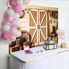 Lofaris Rustic Wood Barn Door Western Photography Backdrop with Cowboy Hats and Boots, Country Farmhouse Studio Background for Photoshoot