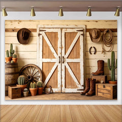 Lofaris Rustic Wood Barn Door Western Photography Backdrop with Cowboy Hats and Boots, Country Farmhouse Studio Background for Photoshoot