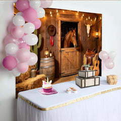 Lofaris Rustic Wooden Barn Western Photography Backdrop with Horse and Hay Bales, Cowboy Theme Background for Studio Photoshoot and Party Decor