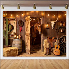Lofaris Rustic Western Barn Photography Backdrop with Horse and Hay Bales, Cowboy Theme Studio Background for Photoshoot