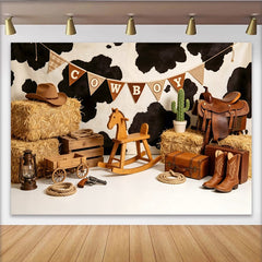 Lofaris Western Cowboy Birthday Backdrop with Cowhide Print and Hay Bales, Kids Party Photography Background Decor