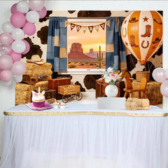 Lofaris Rustic Cowboy Photography Backdrop with Desert Window View, Western Themed Background for Kids Birthday Party Photoshoot