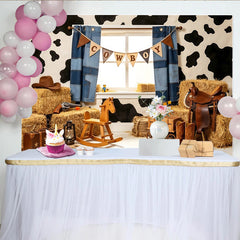Lofaris Cowboy Western Photography Backdrop with Cow Print and Hay Bales, Rustic Farm Studio Background for Kids Photoshoot