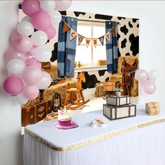 Lofaris Cowboy Western Photography Backdrop with Cow Print and Hay Bales, Rustic Farm Studio Background for Kids Photoshoot