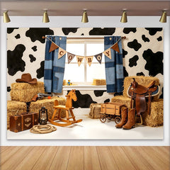 Lofaris Cowboy Western Photography Backdrop with Cow Print and Hay Bales, Rustic Farm Studio Background for Kids Photoshoot