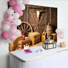 Lofaris Rustic Western Photography Backdrop with Barn Door and Skull, Hay Bales, Guitar and Cowboy Boots Studio Background