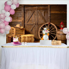 Lofaris Rustic Barn Photography Backdrop with Wooden Doors, Hay and Western Props, Vintage Country Studio Background for Farmhouse Photoshoot