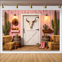 Lofaris Pink Western Cactus Photography Backdrop with Barn Door and Hay Bales, Rustic Farmhouse Background for Studio Photoshoot